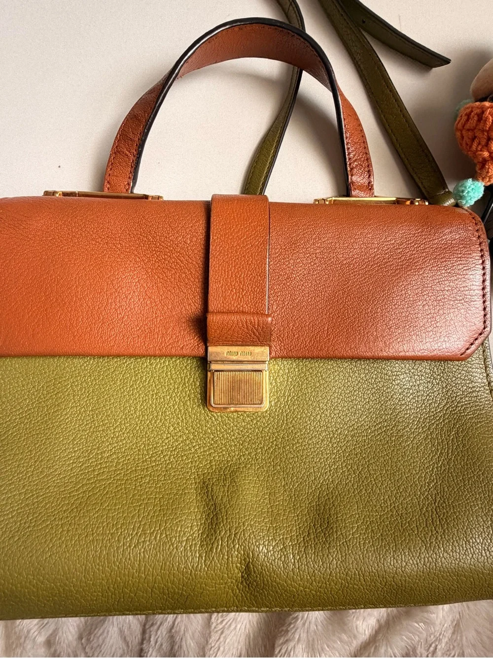 Miu Miu Green/Cognac Madras Leather Pushlock Flap Top Handle Bag